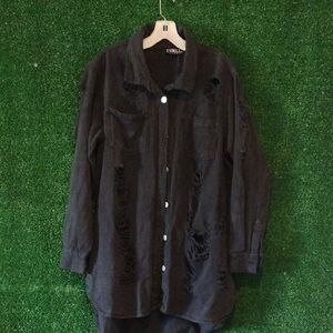 Thrill Black Distressed  Denim Shirt Button Down The  Grayish Black Or Dark Gray